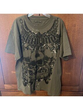 VINTAGE Skin Industries Shirt Mens L Green Cyber Skull Punk Graphic Print Y2K